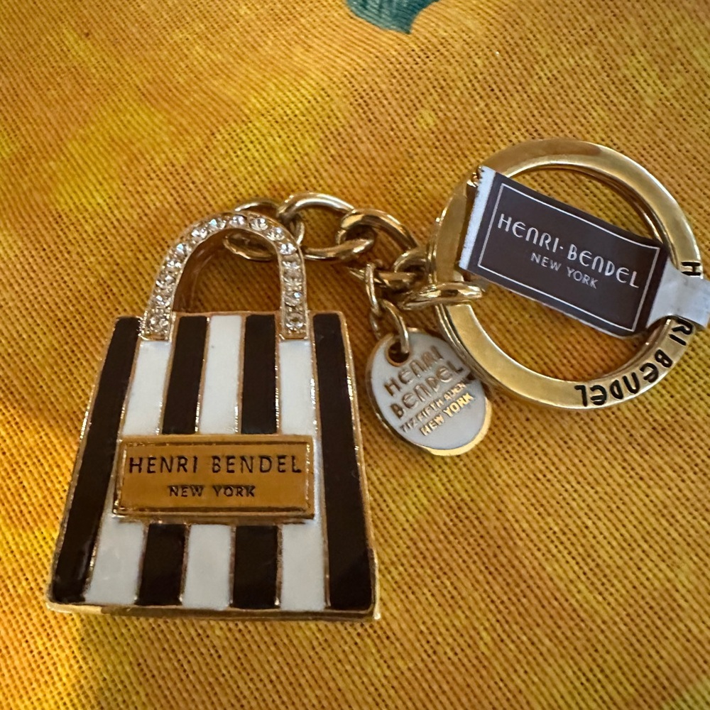 Rare New With Tag Henri Bendel Enamel & Crystal Key Fob Bag Charm with Dust Bag